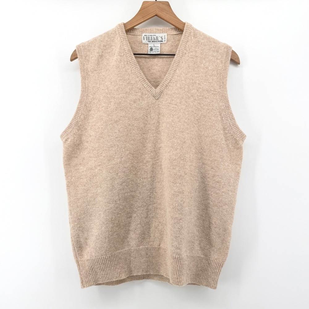 Vintage Filene's Sweater Vest‎ Mens L Tan Lambswool V-Neck Oatmeal Knit Layering